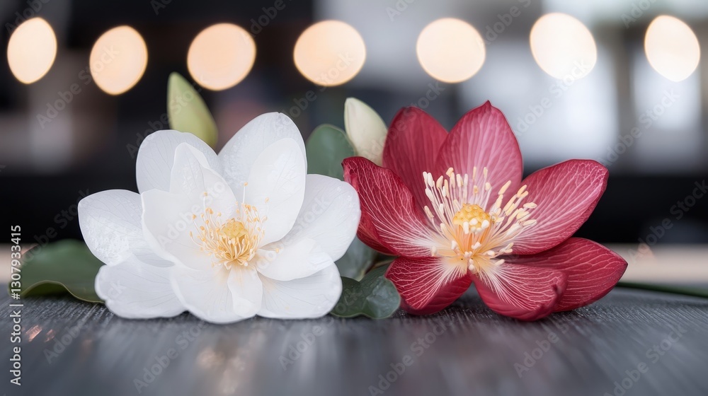 Close-up of white and red artificial flowers on a table. Close-up of white and red artificial flowers on a table.