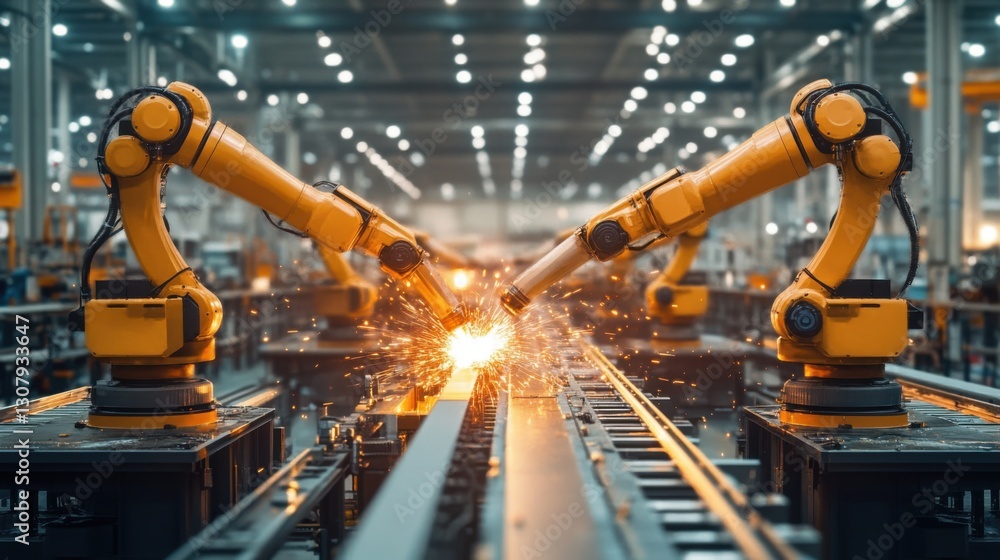 Fototapeta premium Roboty przemysłowe w fabryce