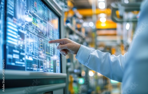 operating hand of operator controller with data base of Scada system on computer screen.
