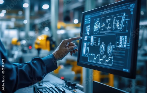 operating hand of operator controller with data base of Scada system on computer screen.
