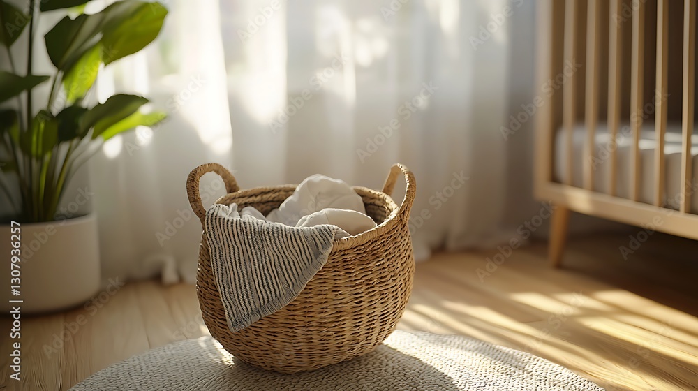 Fototapeta premium Sunlit Nursery Basket of Laundry