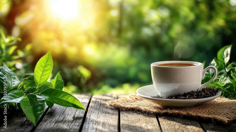 Steaming teacup on wooden table, sunny garden (2) Steaming teacup on wooden table, sunny garden (2)