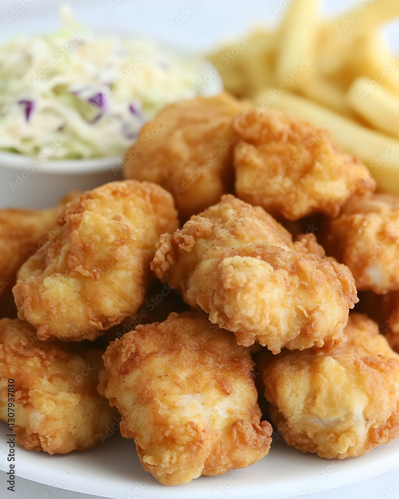 Crispy Fried Chicken Bites with Coleslaw and French Fries - Realistic Food Photography Crispy Fried Chicken Bites with Coleslaw and French Fries - Realistic Food Photography