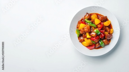  illustration of sweet and sour pork with crispy pork pieces and bell peppers in glossy red sauce, set against a white background.

