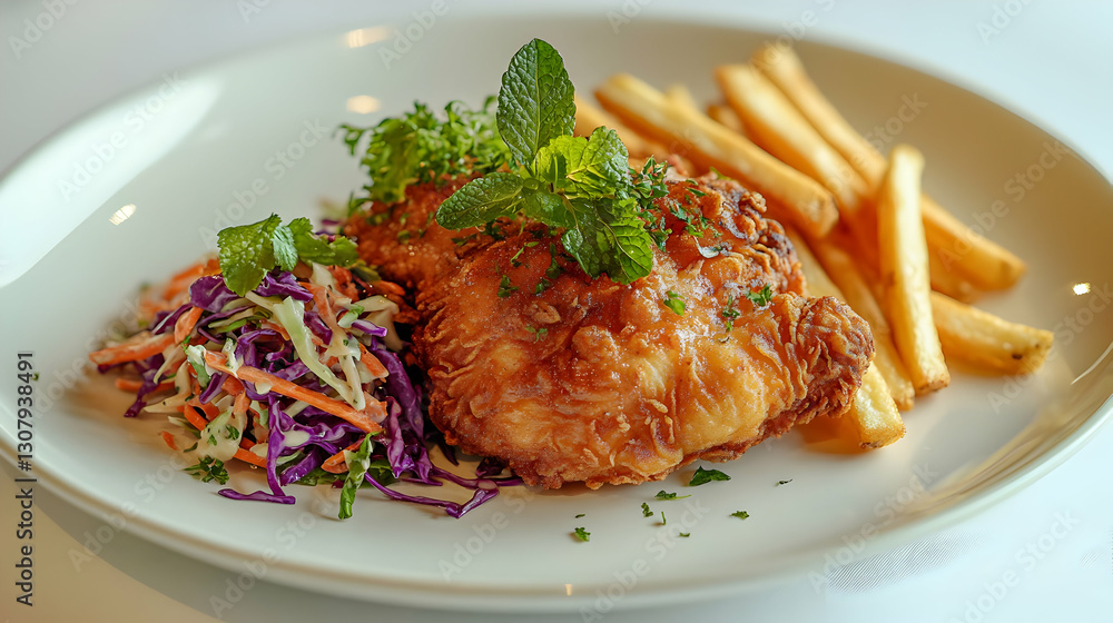 Crispy Fried Fish with Coleslaw and French Fries, Gourmet Food Photo Crispy Fried Fish with Coleslaw and French Fries, Gourmet Food Photo