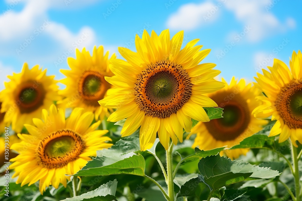 Field of sunny sunflowers stretching towards a bright blue sky with fluffy clouds : Generative AI Field of sunny sunflowers stretching towards a bright blue sky with fluffy clouds : Generative AI