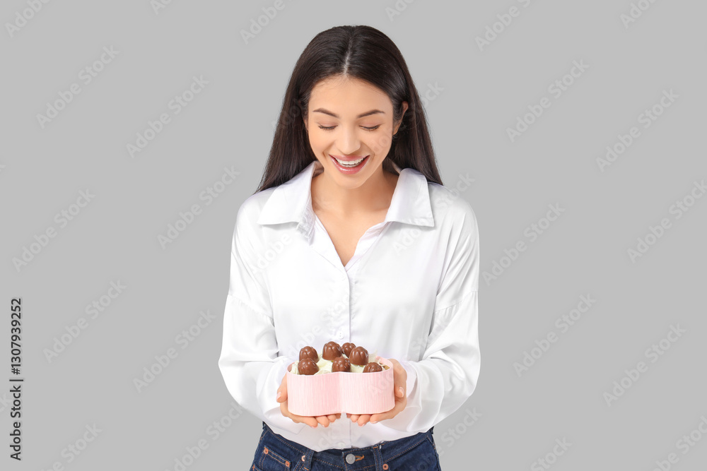 Smiling young woman with chocolate candies on grey background Smiling young woman with chocolate candies on grey background