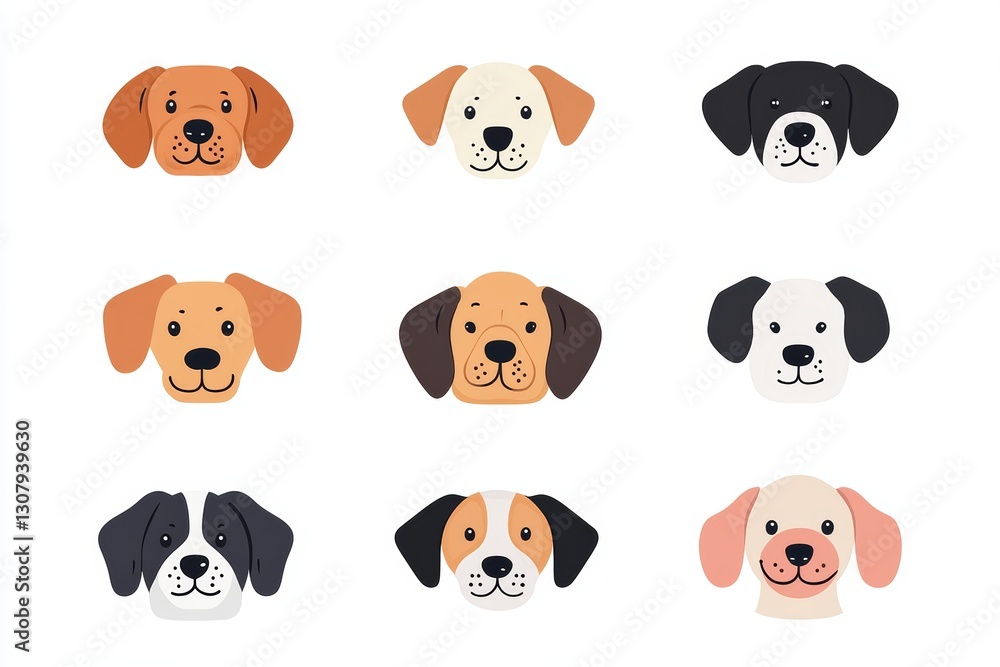 Set of dog faces with different colors and sizes Set of dog faces with different colors and sizes