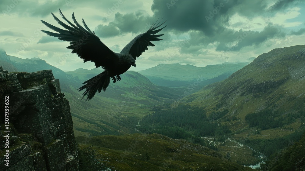 Fototapeta premium Raven in flight over dramatic mountain valley.