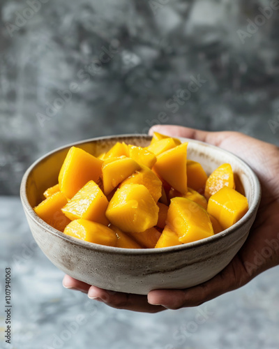 A hand holding a bowl of fresh mango chunks, a tropical delight under soft natural lighting photo