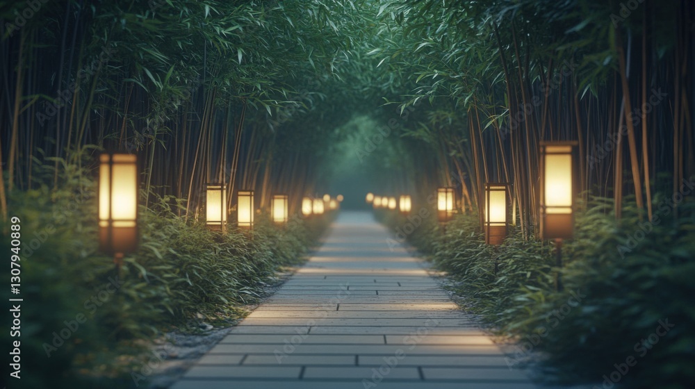 Fototapeta premium Bambusowy gaj z lampionami nocą