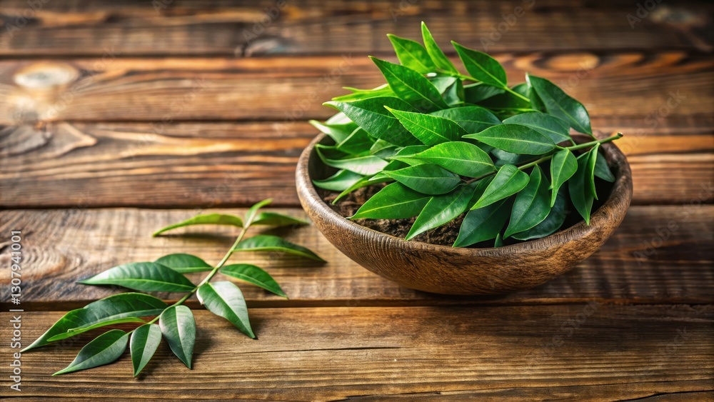 Fresh curry leaves in coconut bowl on wooden background, coconut, herbs, coconut, herbs Fresh curry leaves in coconut bowl on wooden background, coconut, herbs, coconut, herbs