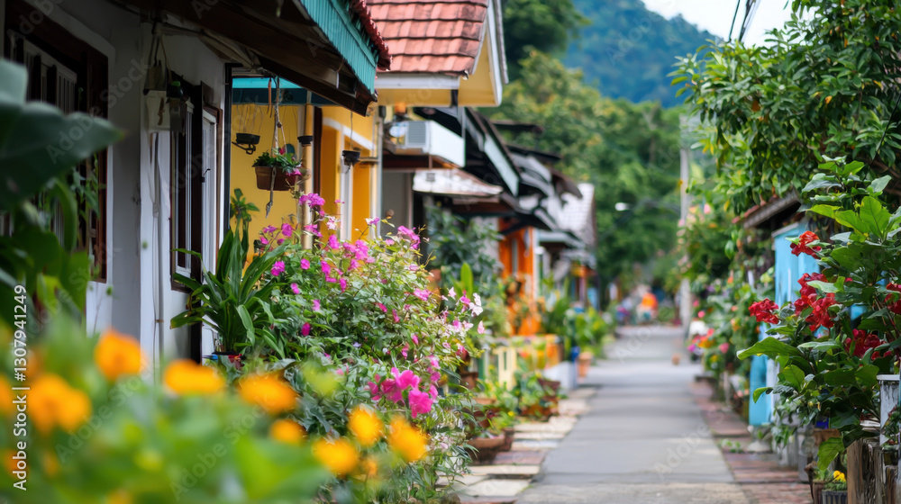 charming village street lined with colorful houses and vibrant flowers creates picturesque scene