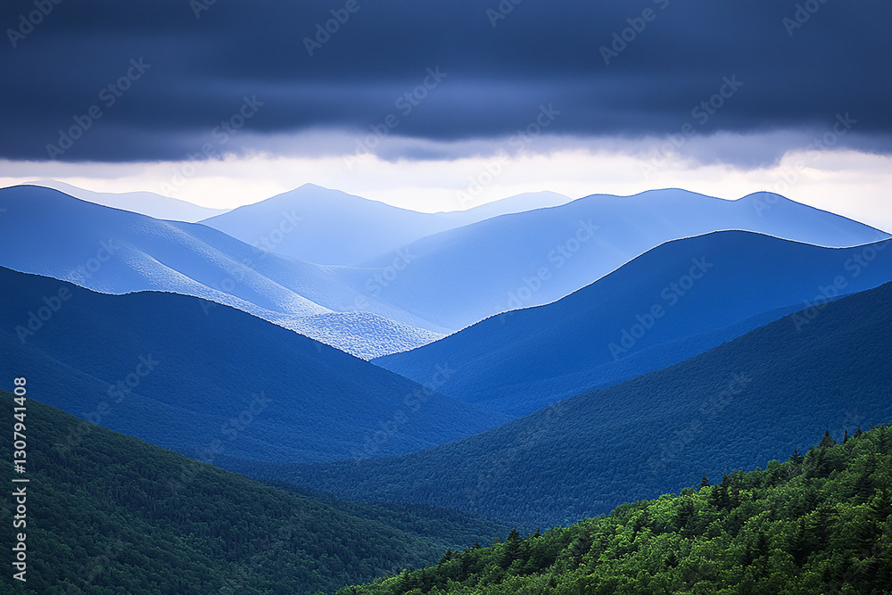 Serene Mountain Landscape at Dusk with Layered Peaks and Lush Green Foreground Serene Mountain Landscape at Dusk with Layered Peaks and Lush Green Foreground