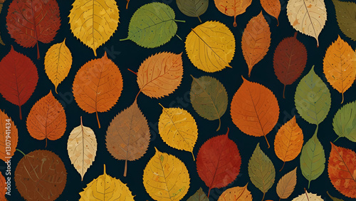 Collection of colorful leaves on a black background.