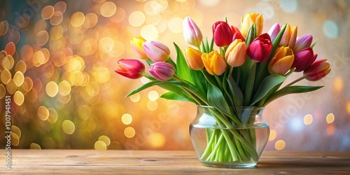Vibrant tulip bouquet in a delicate glass vase with soft focus and warm light, flowers, garden, flowers, garden, blooms