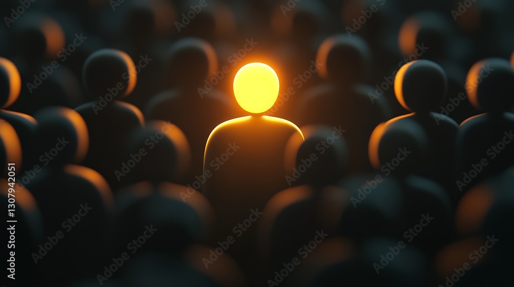 Obraz premium Solo illuminated figure emerging from darkness portraying strength and confidence in a crowd : Generative AI