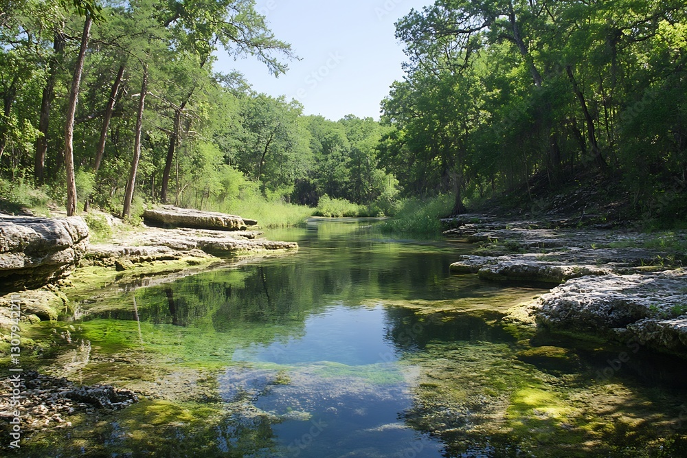 Fototapeta premium Sunny day by a peaceful river with clear water surrounded by rugged rocks and green trees : Generative AI