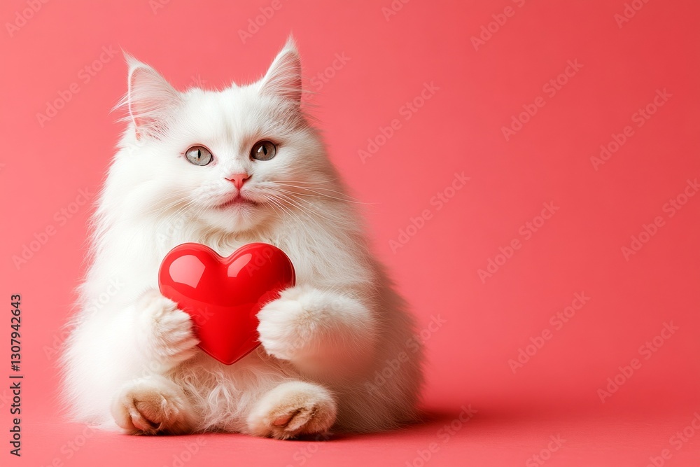 Marketing concept creative graphic design art. Cute turkish angora feline infant with diamond red heart - emblem of love, funny greeting card. Turkish angora - my cherished cat. Pet with love. Marketing concept creative graphic design art. Cute turkish angora feline infant with diamond red heart - emblem of love, funny greeting card. Turkish angora - my cherished cat. Pet with love.