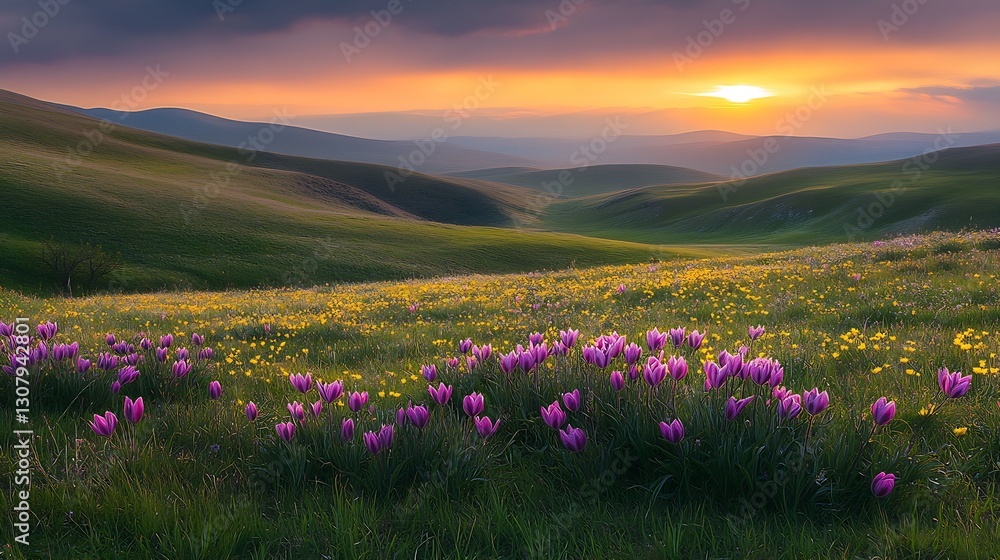 Fototapeta premium Enchanting Field of Tulips Against a Vibrant Sunset Sky : Generative AI