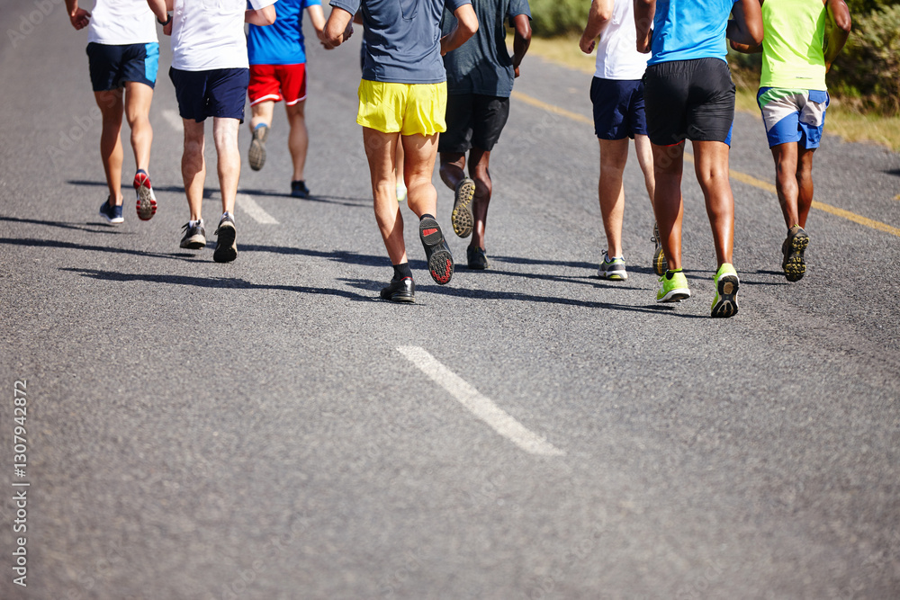 Athlete, legs and group running in road for marathon workout, endurance training or club cardio. Back, low angle or people with race exercise for fitness performance, sports challenge or healthy body Athlete, legs and group running in road for marathon workout, endurance training or club cardio. Back, low angle or people with race exercise for fitness performance, sports challenge or healthy body
