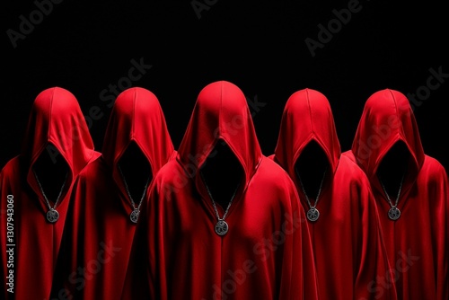 Group of people wearing red hoods and necklaces photo