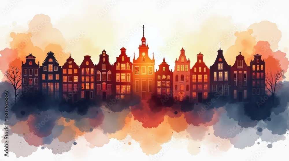 Fototapeta premium Serene Amsterdam Canal Houses Silhouette Watercolor Painting