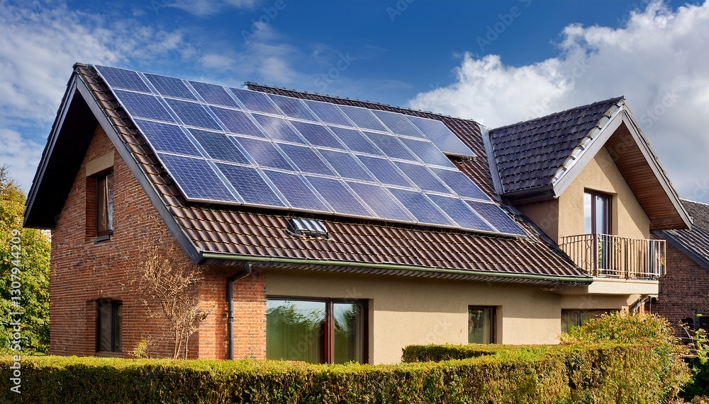 Fototapeta premium solar panels on a roof of a new house with cloudy blue sky background; alternative electricity source; sustainable resources, side view on a house 