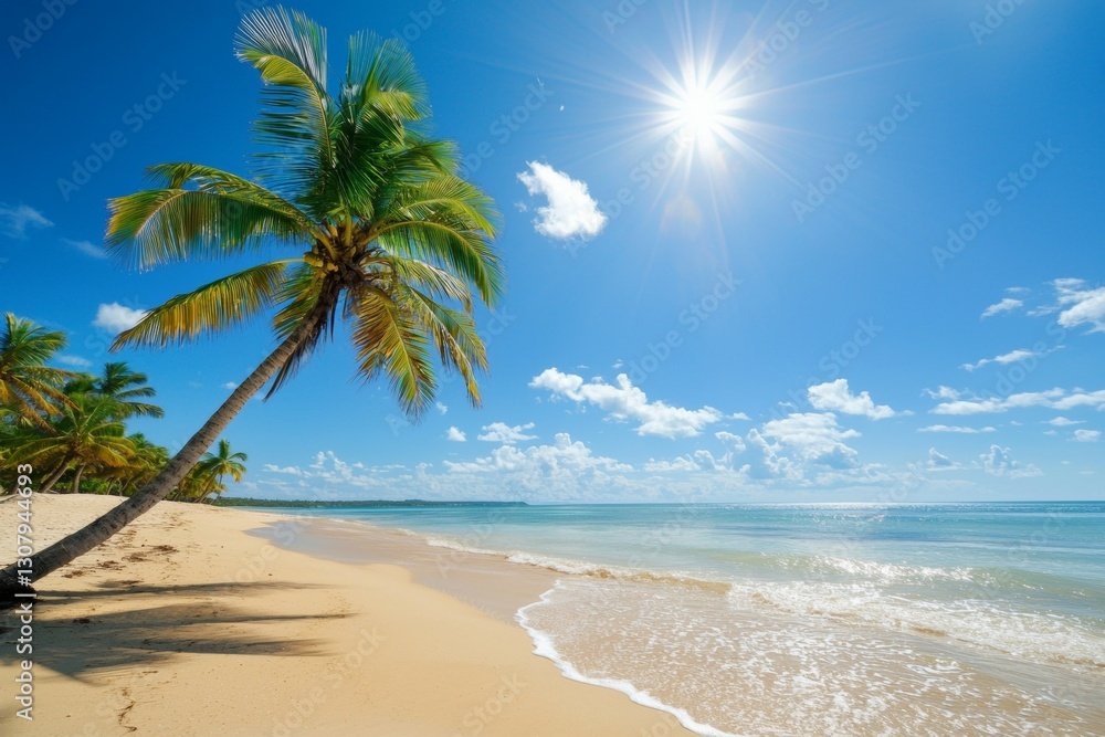 Palm tree is on a beach with the sun shining on it Palm tree is on a beach with the sun shining on it