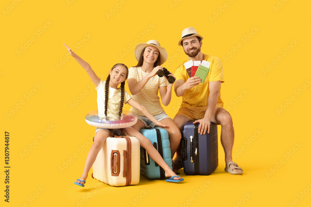 Naklejka premium Family of tourists sitting on suitcases with travel accessories, passports and tickets on yellow background
