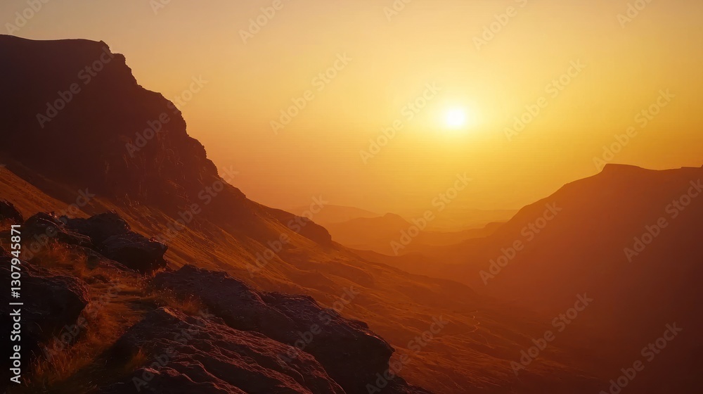 Naklejka premium Sunset over hazy mountain range.