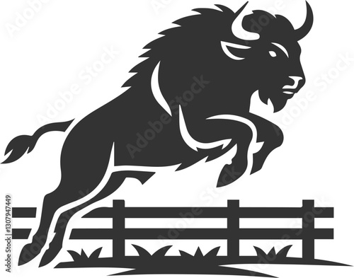 A buffalo jumping over a fence in rage animal vector silhouette