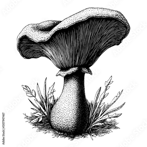 Monochrome engraved illustration showcasing a majestic mushroom amidst delicate grass elements