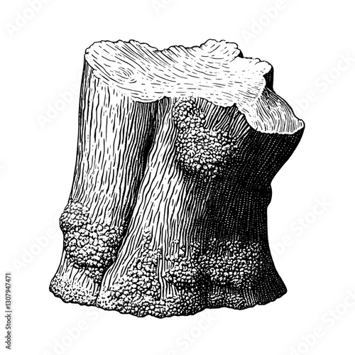 Engraved vector illustration of an intricate wood stump design perfect for tattoo art inspiration and nature lovers