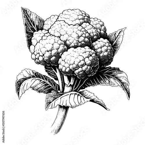 Intricate engraved illustration of cauliflower with detailed leaves in a vector style for tattoo inspiration