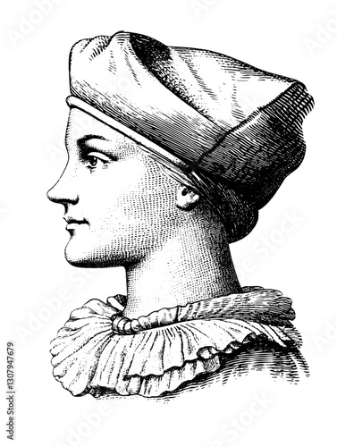 Intricate engraved illustration of a profile view of a woman in a vintage headscarf and ruffled collar