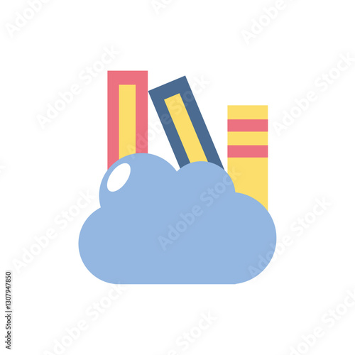 Flat Design Vector Illustration of Books Stored in a Cloud Symbolizing Online Library, E-Learning, and Digital Education Resources