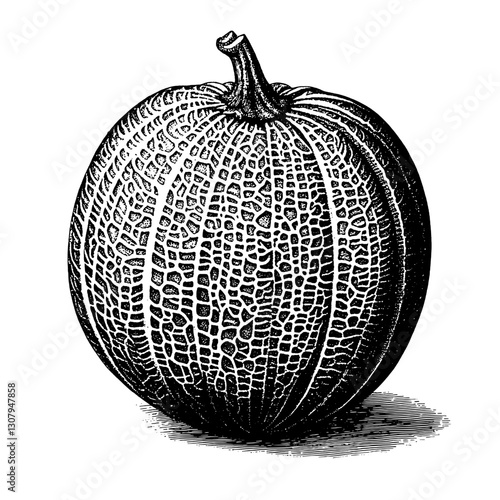 Detailed engraved illustration of a melon showcasing intricate patterns and textures with artistic flair for tattoo inspiration