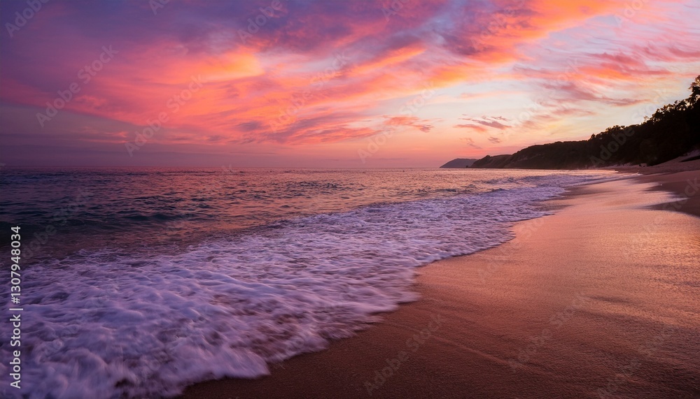 Obraz premium the shore of the beach at sunset with pink sky background