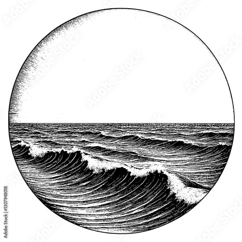 Waves crashing under a vast horizon in a beautifully detailed engraved illustration