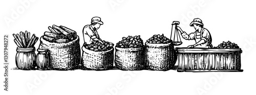 Depicting a bustling market with skilled vendors weighing fresh produce and goods in a traditional setting
