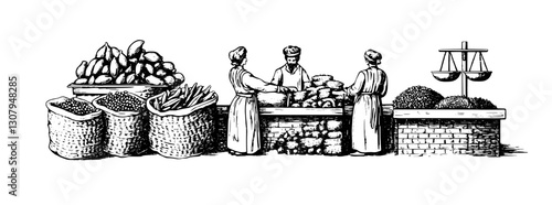 Market vendors engage in lively trade showcasing fresh produce and vibrant goods in an intricately detailed engraving