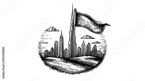 Majestic skyline under a flag: an artistic tribute to urban architecture and natural beauty