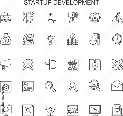 Set of 45 outline icons related to startup. Linear icon collection. Editable stroke. Vector illustration