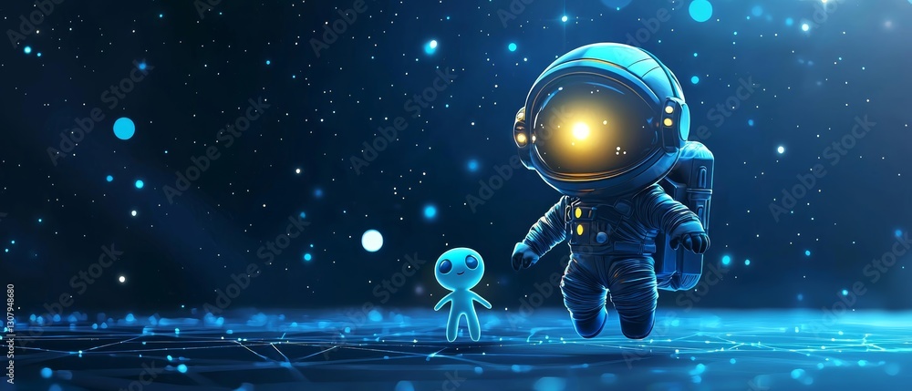 Fototapeta premium Cute Chibi Astronaut Character Floating in Zero Gravity Space Scene