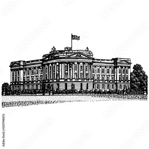 Historic building illustrated with intricate details and elegant lines captures a timeless representation of architectural artistry