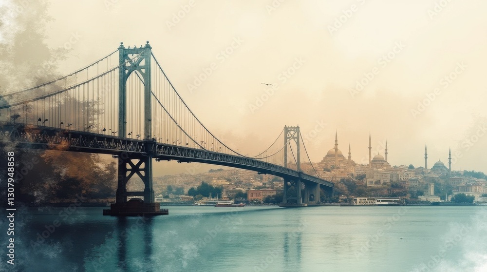 Fototapeta premium Surreal Double Exposure: Istanbul Cityscape and Bosphorus