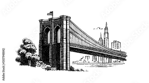 Beautifully detailed engraved illustration of a city skyline with a majestic bridge in the foreground, evoking the essence of urban life