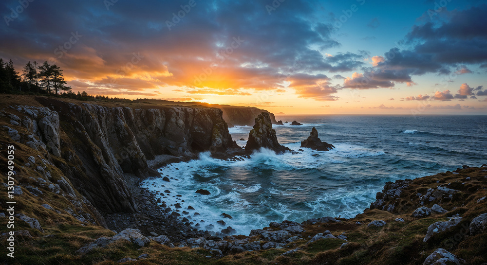 Obraz premium Dramatic Sunset Over Rugged Coastal Cliffs and Ocean Waves