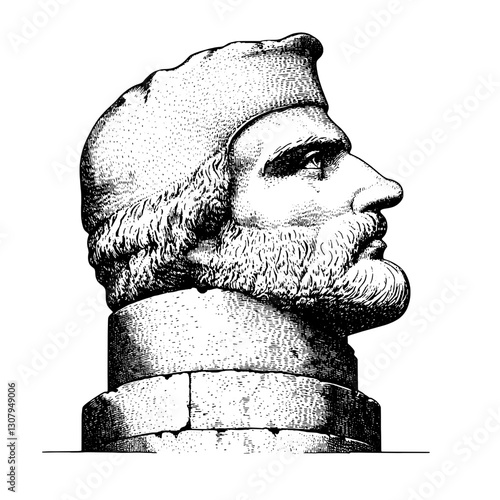 Engraved illustration of a classical bust embodying strength and wisdom in a timeless design